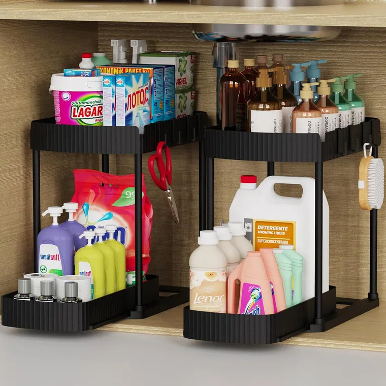 2 Pack Two-Tier Under-Sink Pull-Out Organizer, 12.8 in tall, Black