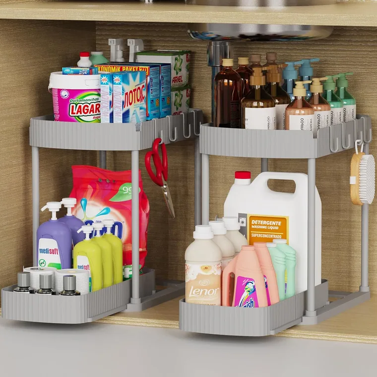 2 Pack Two-Tier Under-Sink Pull-Out Organizer, 12.8 in tall, Grey