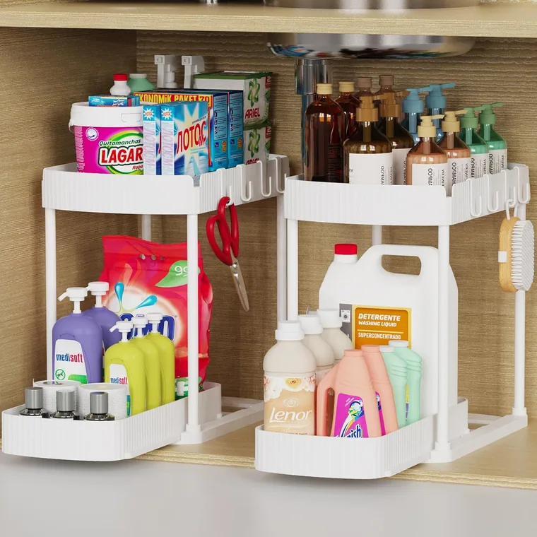 2 Pack Two-Tier Under-Sink Pull-Out Organizer, 12.8 in tall, White