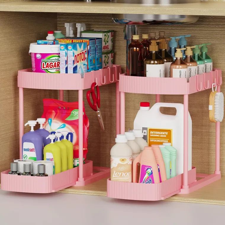 2 Pack Two-Tier Under-Sink Pull-Out Organizer, 12.8 in tall, Pink